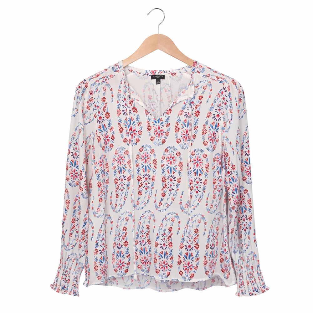 Talbots Blouse Womens Petite P XS Multicolor Paisley Print Smocked Bohemian